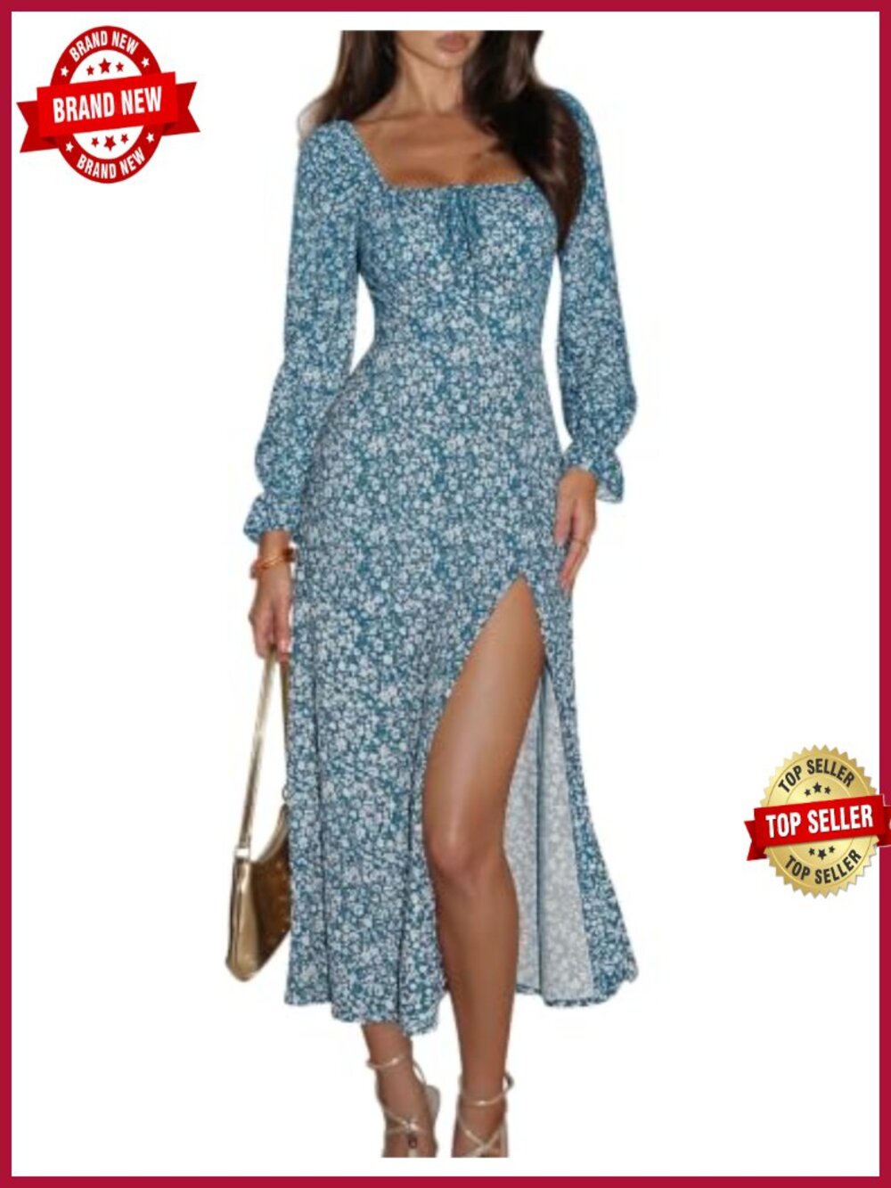 Women's Long Sleeve Square Neck A-Line Midi Dress Floral Ruched Bust